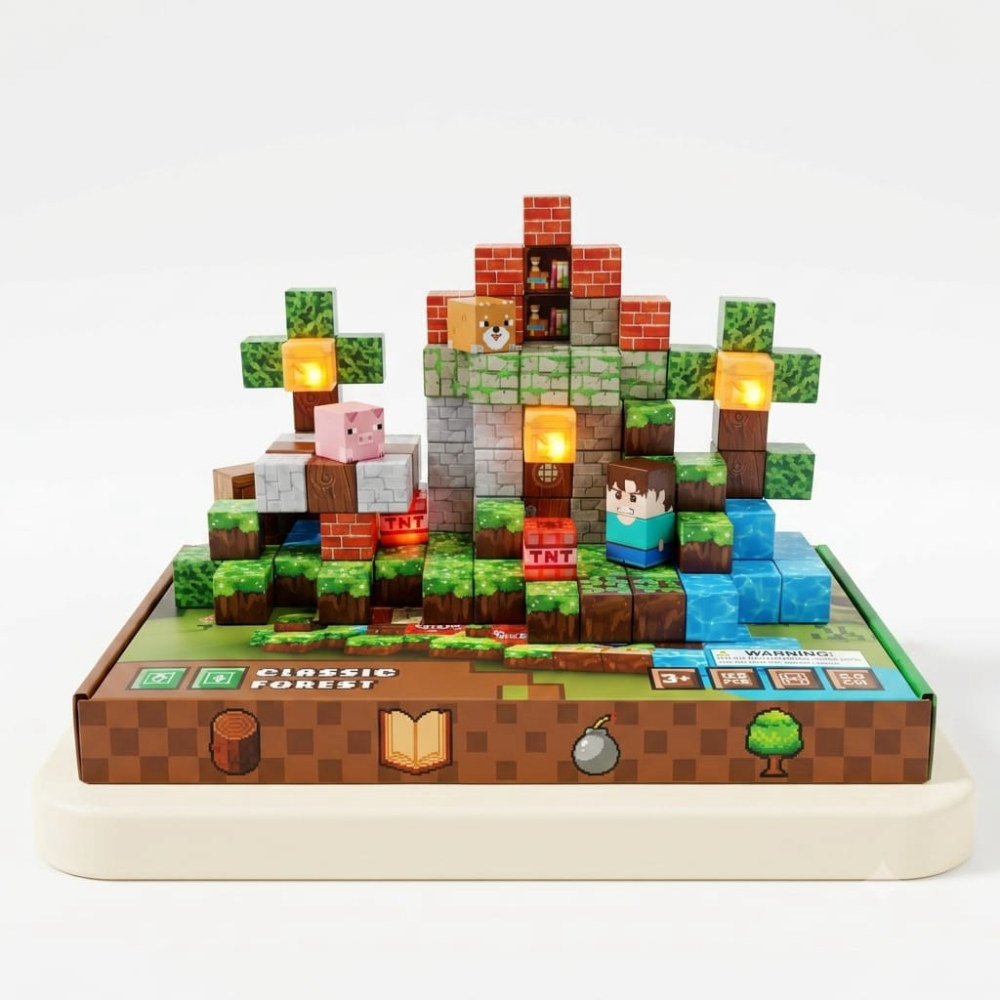 Cubos magnéticos minecraft zona forestacion clásica con luces  de 125 piezas.